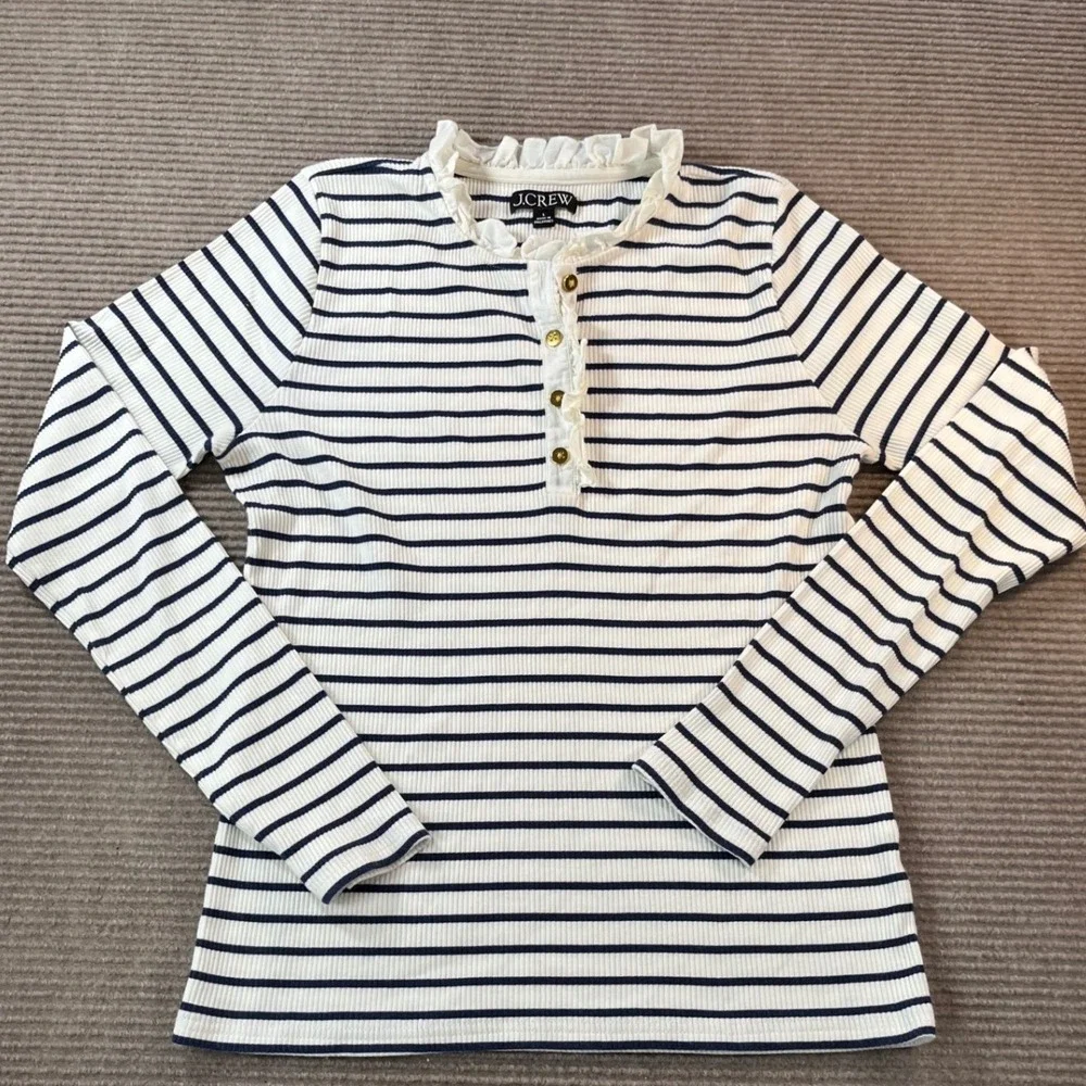 J.Crew Womens Navy White Striped Ruffle Neck Henley Top Gold Buttons Sz Large